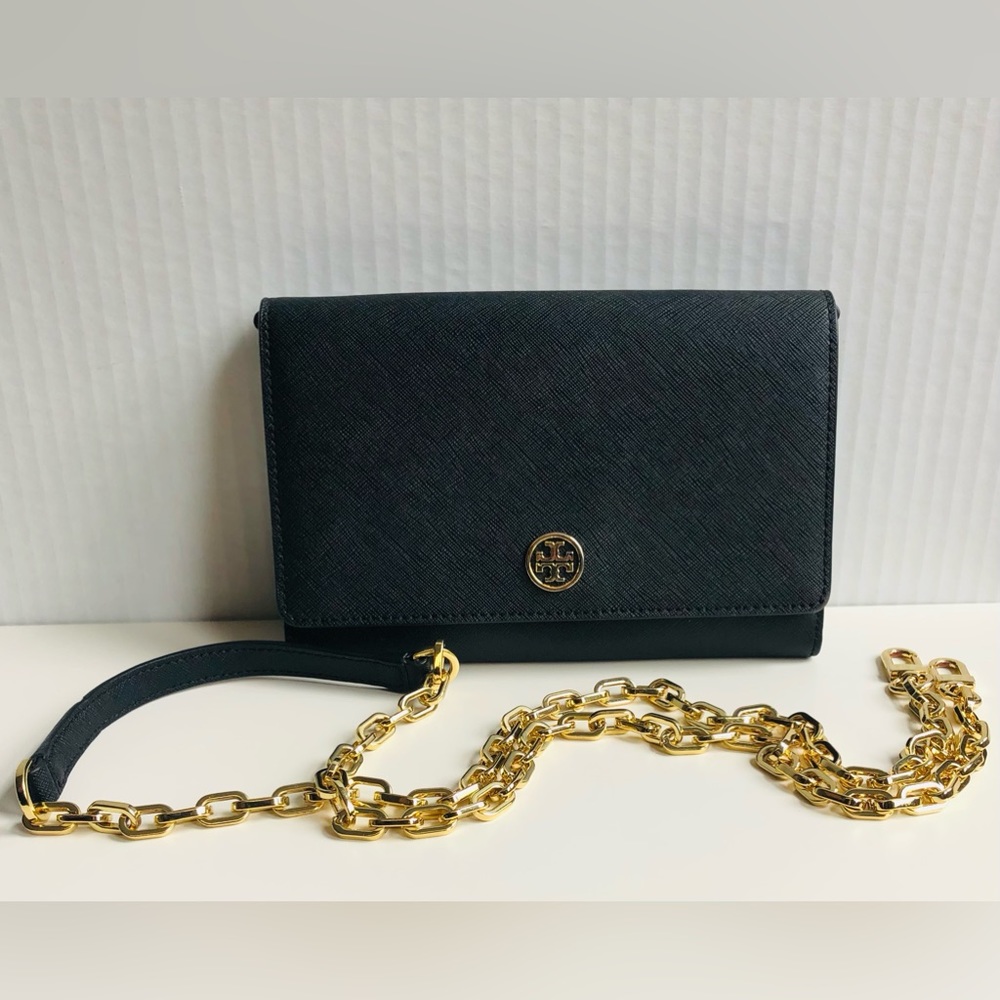 Tory Burch Saffiano Leather Emerson Gold Chain Wallet Flap Clutch Crossbody Logo
